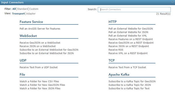 Input connectors available in GeoEvent Server